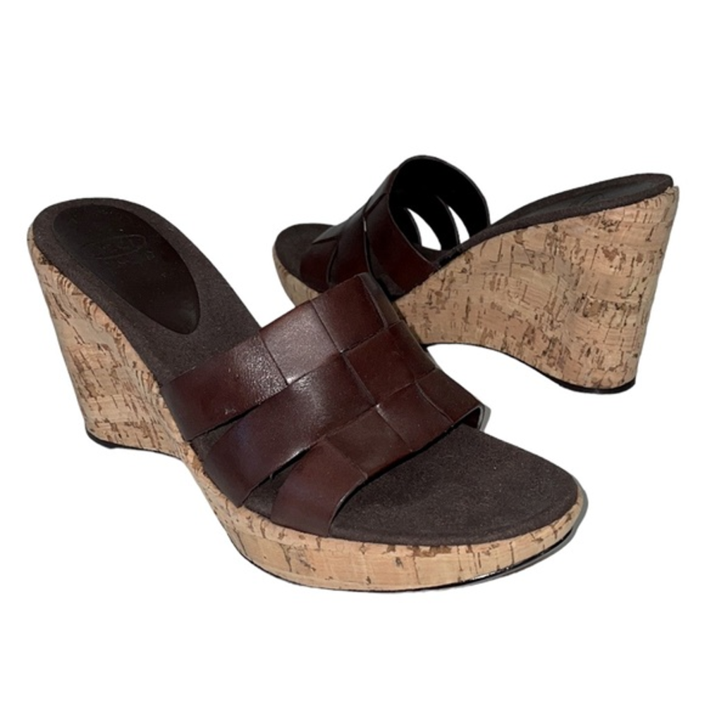 Joan & David Brown Woven Leather Cork Wedge Sandals
